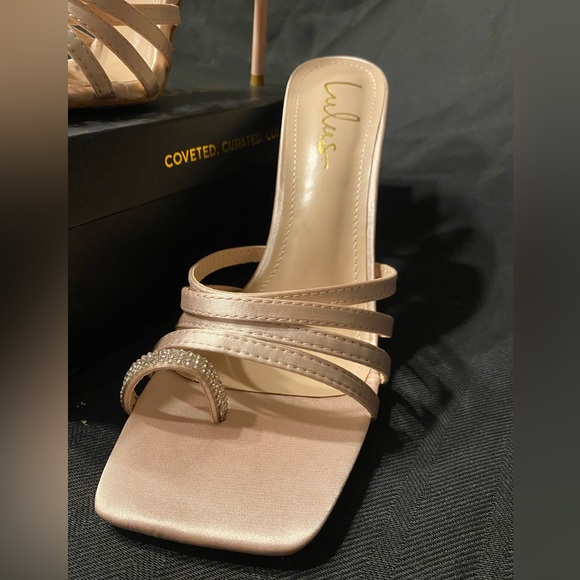 *NEW!* Lulus Juen Light Nude Satin Rhinestone High Heel Slide Sandals - Picture 3 of 6